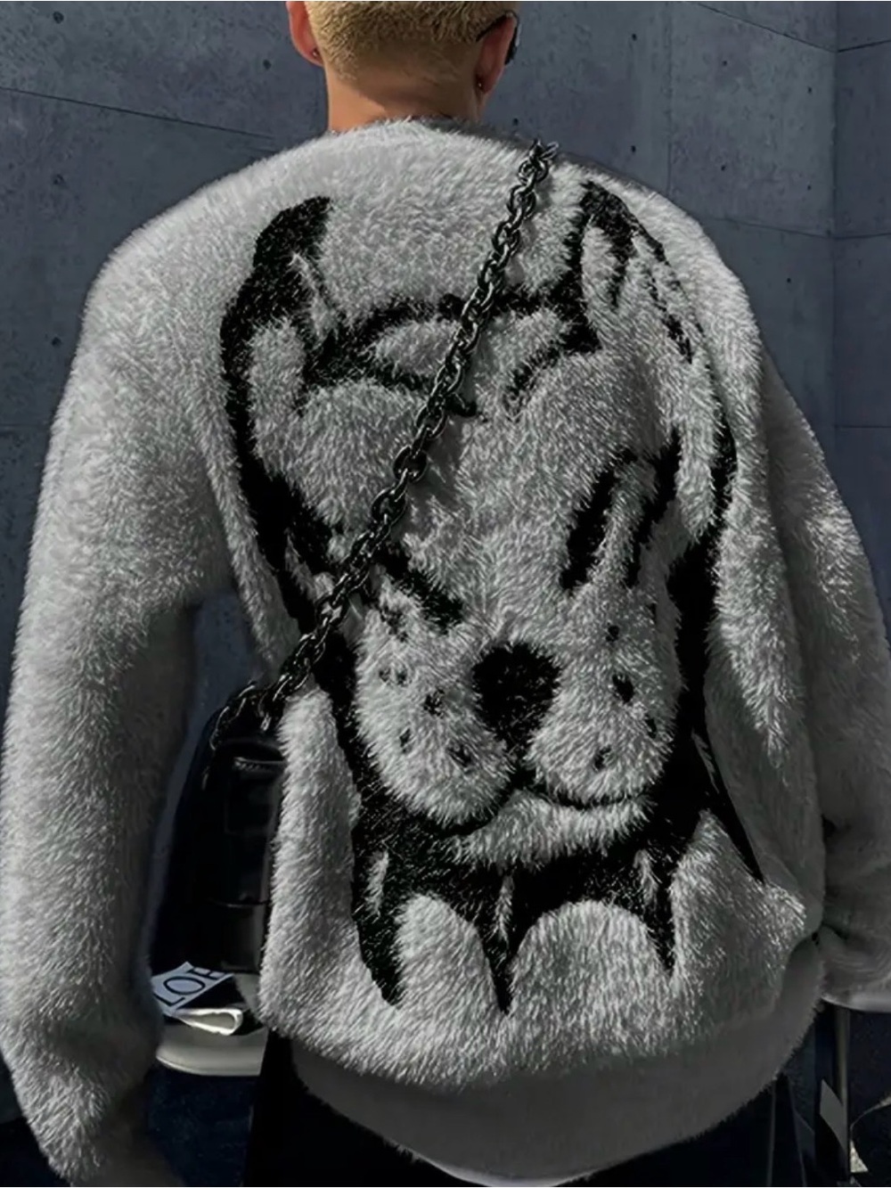 {NEW} Women's Gray fuzzy Dog Print Sweater Small Oversized